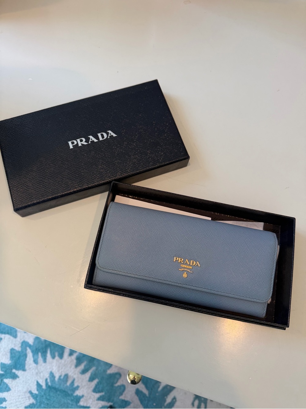 Prada Saffiano Leather Continental Wallet in Powder Blue with Gold Logo